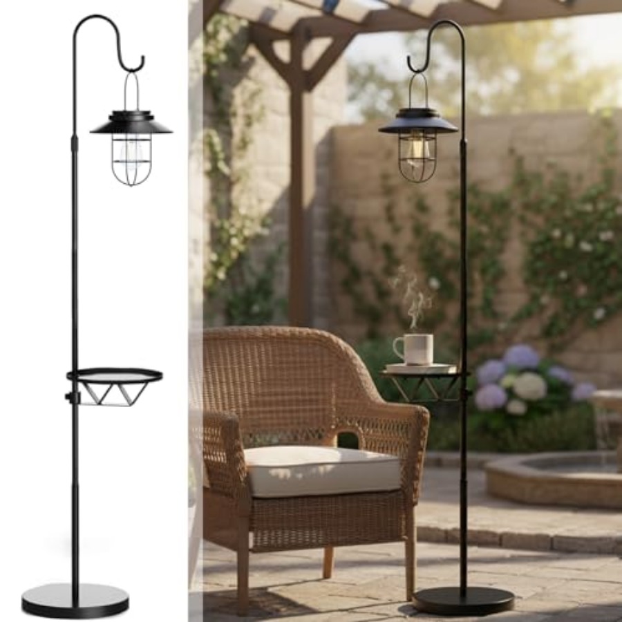 Outdoor Lighting Lamp - โคมไฟตั้งพื้นพลังงานแสงอาทิตย์พร้อมโต๊ะ, ตะขอแขวนกลางแจ้งขนาด 60 นิ้ว พร้อมไฟโซลาร์กันน้ำ โต๊ะข้างโลหะสำหรับลานบ้าน,