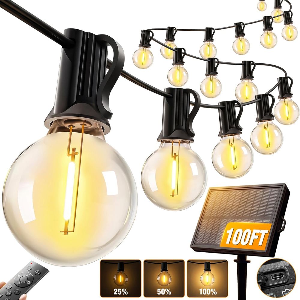 String Light Bistro - ไฟประดับสายยาว 100T สำหรับภายนอกอาคาร, ไฟลานบ้าน G40 พร้อมรีโมทอัปเกรด,