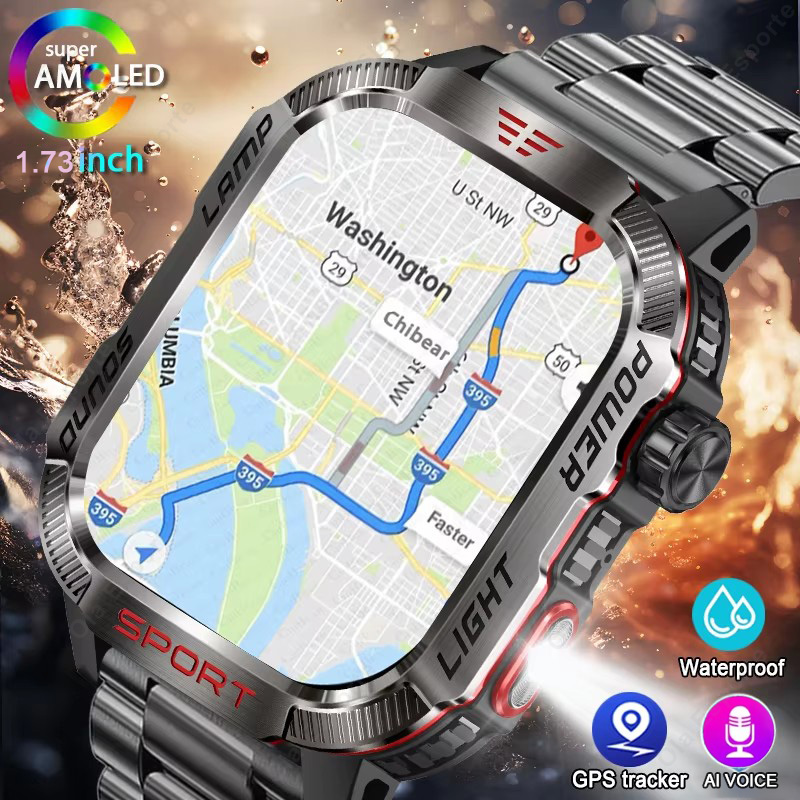 Outdoor Lighting Perspectives - ใหม่ทหาร GPS สมาร์ทนาฬิกาผู้ชายไฟฉาย IP68 กันน้ำ 600mAh