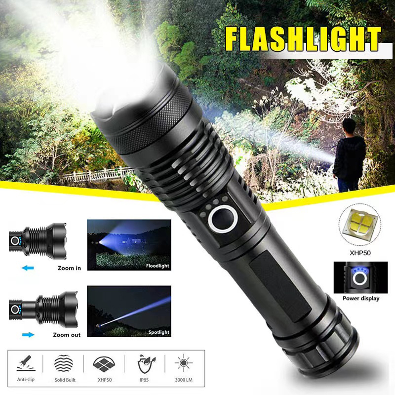 Outdoor Lighting Globes - ไฟฉาย LED กำลังสูง XHP70 USB-C ไฟฉายแบบชาร์จไฟได้ซูมได้โคมไฟมือกันน้ำสำหรับการตั้งแคมป์กลางแจ้งใช้ในกรณีฉุกเฉิน